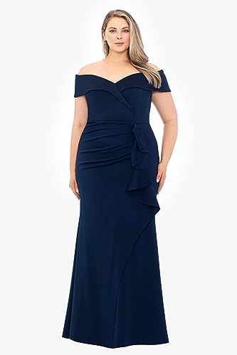 Image of Xscape Women's Long Off-the-Shoulder Sweetheart Neckline Formal Evening Gown with Ruching and Draped Ruffle Detail