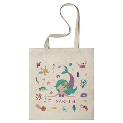 CUAC REVOLUTION Tote Bag personalizada diseño sirenita. Bolsa de tela personalizable, resistente y multiusos. Asas largas y cómodas de 70cm. Eco-amigable y duradera. Perfecta para niños pequeños.
