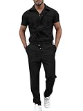 Oanviso Hombre Mono Manga Corta Pantalone de Monos Overalls Ropa de Trabajo Casual Onesie Jumsuit de Una Pieza Regular Fit Mono Moda Color Sólido Mono Cómodo para Hombre A Negro XL