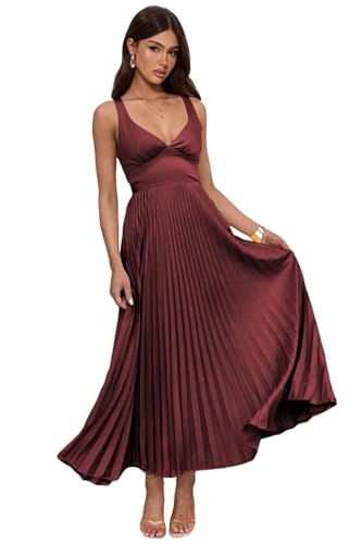 SNOWROSE Satin Bridesmaid Dresses for Women Sleeveless Long A Line Pleated V Neck Formal Party Dress with Slit