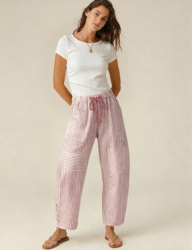 Image of TARSE Womens Striped Linen Barrel Pants with Pockets Y2k Patchwork