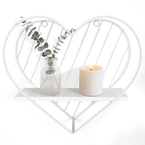 Image of SUMGAR Heart Floating Shelves for Wall with Solid Pine Wood and Metal Wire, Wooden Wall Shelf, Small Wall Mounted Shelf, Shelves for Bathroom, Bedroom, Living Room, Kids' Room and More, White
