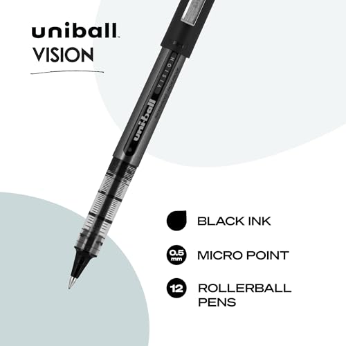 Image of Uniball Vision Rollerball Pen - 12 Pack, Black Pens, 0.5mm Micro Tip Size - Smooth Writing Japanese Pens, School Supplies
