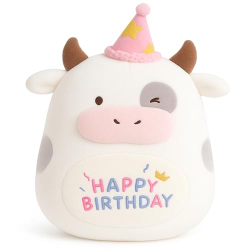 12 inch Happy Birthday Cow Plush Pillow, Soft Penguin Plushies Toy, Cute Milk Cow Print Stuffed Animal Home Room Decoration Birthday Party Easter Gift for Kids Boys Girls, Halloween, Christmas