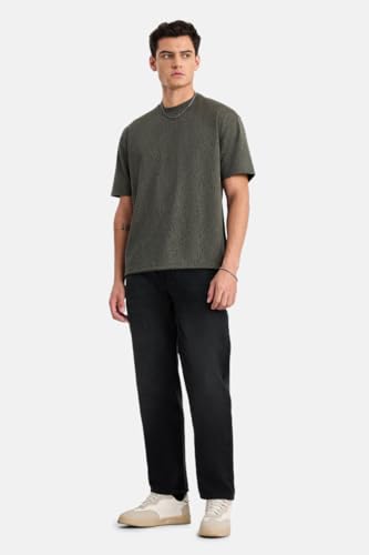 Image of SNITCH Men Casual Jeans | Relaxed Fit Straight Leg Washed Pattern & Drawstring Closure | 100% Cotton Denim Fabric for All Day Comfort & Everyday Wear