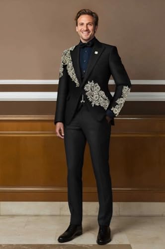 Mens Luxury 2 Piece Wedding Suit Slim Fit Peaked Lapel Jacket Blazer Pants with Handmade Floral Rhinestone for Prom4