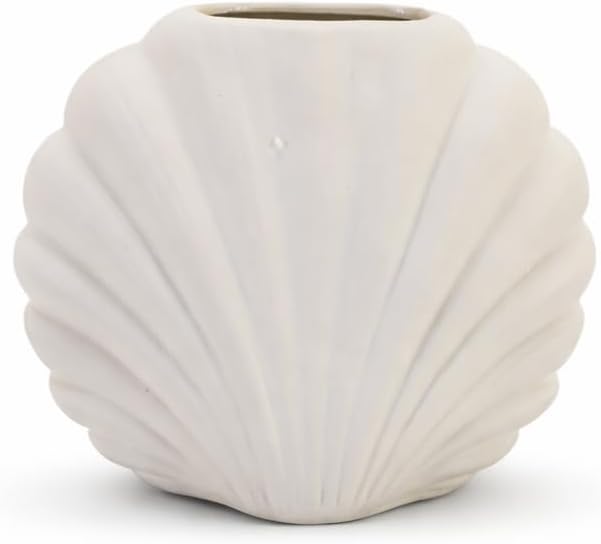 Ceramic Shell Vase, Matte White Decorative Vase for Home Decor, Modern Coastal Flower Vase for Pampas Grass, Small Tabletop Vase for Living Room Shelf Bedroom Entryway