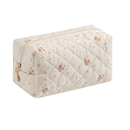 JOVAKIT Square Makeup Bag Cute Cosmetic Bag for Women, Floral Coquette Aesthetic Toiletry Bag, Zipper Make Up Pouch, Travel Make Up Organizer Bag (White Small Flower)