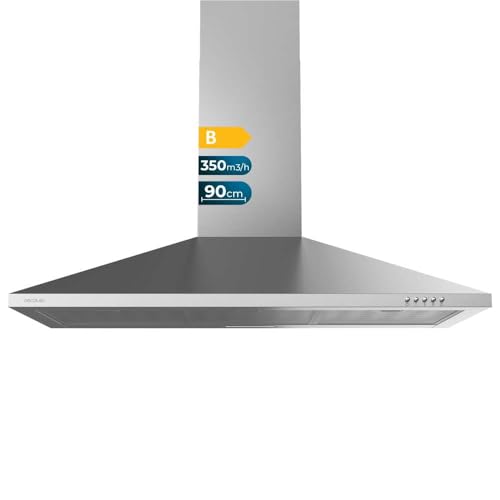 Cecotec Campana Extractora 90 cm Piramidal Bolero Flux PM 903500 Inox B. Motor 65W, Acabado Inox, Succión 350m3/h, Control Mecánico, 3 Niveles de Potencia, Luz y Filtro de Carbono