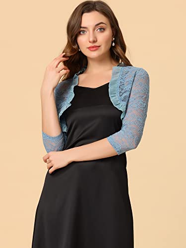 Image of Allegra K Women's Elegant Lace Cardigan Ruffle Collar Crop 3 /4 Sleeve Sheer Bolero Floral Lace Shrug Top