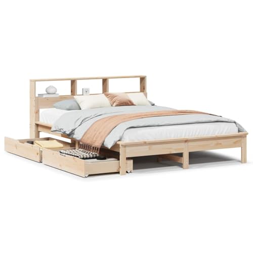 XHNIFBN Cama de madera maciza de pino, 140 x 190 cm, con estante y cajón, aspecto rústico, ahorra espacio, cama individual sin colchón, para dormitorio, habitación juvenil, habitación de invitados