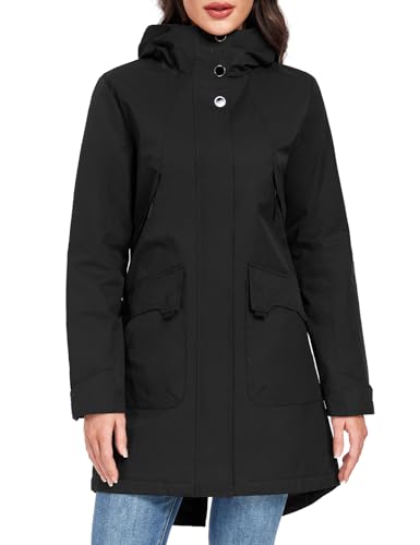 Tuopuda Chaquetas Larga Mujer con Capucha Abrigo Polar Ligero Primavera Otoño Parka Repelente al agua con Cremallera y Bolsillos(Negro,L)