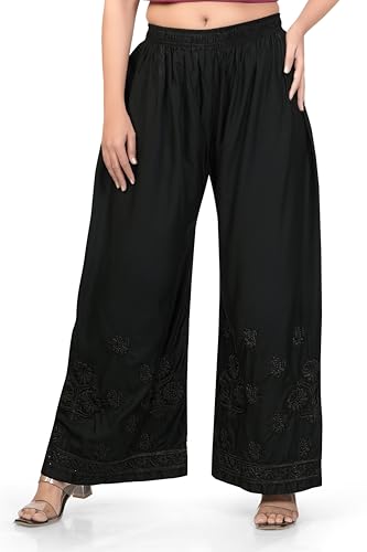 Image of Women's Palazzo Pants with Floral Embroidery, Elastic Waist, White,Black and Off White, Cotton, Lucknowi Style