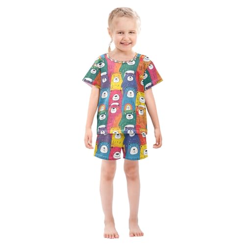 ALAZA Bear Colorful Cartoon Pajamas Set Short Sleeve Cotton Sleepwear Summer Pjs 2 Piece 5-14Y3
