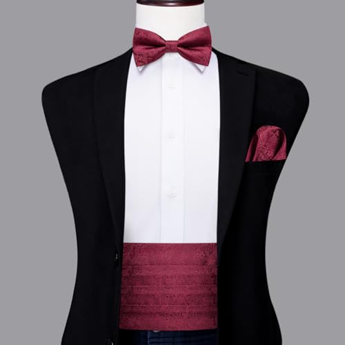 Image of Dubulle Mens Cummerbund and Bow Tie Set Paisley Floral Pretied Bowties for Men Pocket Square Cufflinks Wedding Business