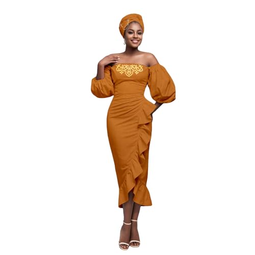 Robe africaine longue brodée chic pour femme avec foulard assorti