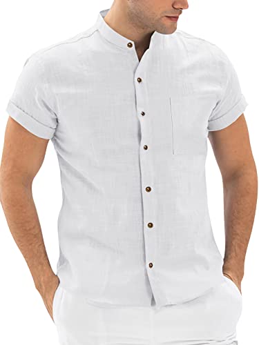 Runcati Camisa de lino de algodón para hombre, de manga corta, para tiempo libre, de verano, sin cuello, con bolsillo en el pecho, corte regular, Blanco, L