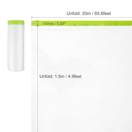 Image of uxcell Pre-Taped Masking Film, 4.9ft x 66ft with 2 Extra Painters Tape, Plastic Drop Cloth with High-Tack Painters Tape for Painting Protection, Green, 4Pcs