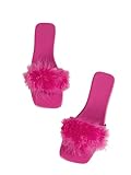 BEAUDRM Women's Sexy Flat Sandals Fuzzy Feather Dressy Flat Sandals Slip On Square Slipper Open Toe Fuzzy Slides Slippers Hot Pink 8