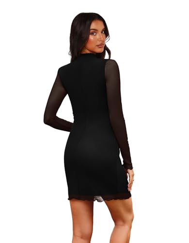 OFEEFAN Women's Bodycon Mock Neck Mini Dress Mesh Long Sleeve Club Party Dresses4