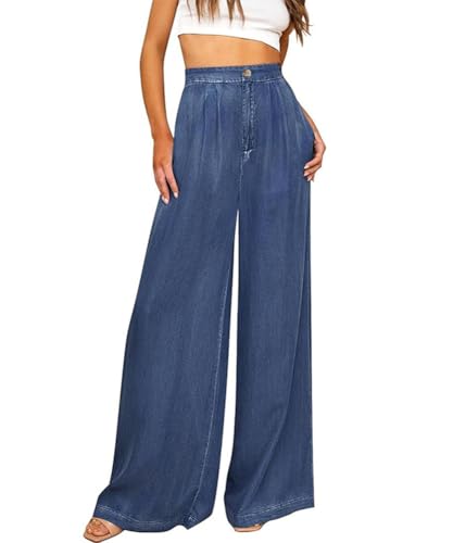 Women's High Waisted Wide Leg Lightweight Tencel Denim Pants