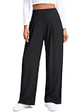 SANTINY Wide Leg Pants Woman Elastic High Waisted Waffle Knit Slacks Business Casual Work Pants Pleated Trousers with Pockets (Black_L)