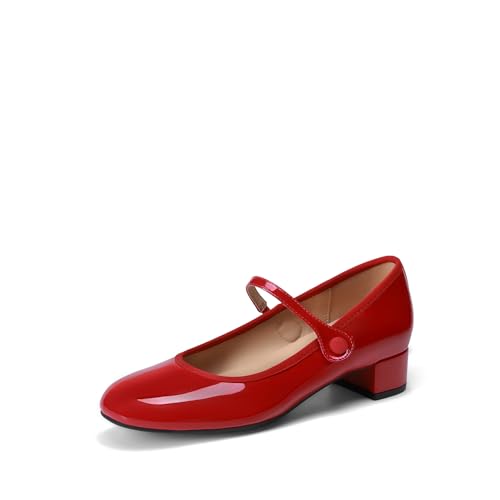 DREAM PAIRS Zapatos de Vestir Cómodos para Mujer con Tacones Bajos Gruesos Tipo Mary Jane, Slip on, Punta Redonda, Casuales y Bonitos, Ideales para el Trabajo.,Size 38,Rojo,SDPU26008W