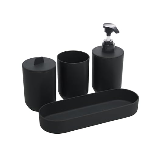 LYOR - Conjunto 4 Peças de Bambu e PP para Banheiro Preto - Porta-sabonete líquido, Porta-escova de dentes, Saboneteira, Porta Algodão