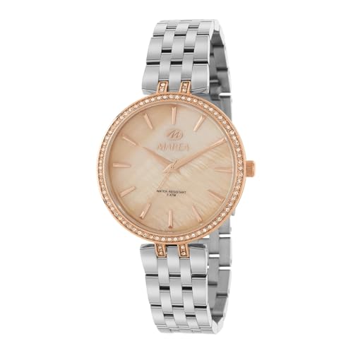 Marea Reloj de Pulsera para Mujer, Bisel con Cristales, Esfera Rosa Dorada, Correa de Acero Inoxidable, Resistente al Agua 3 ATM