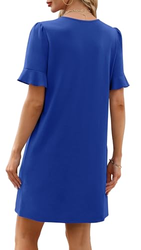 Image of OFEEFAN Summer Dresses for Women Ruffle Short Sleeve V Neck Casual Shift Dress with Pockets