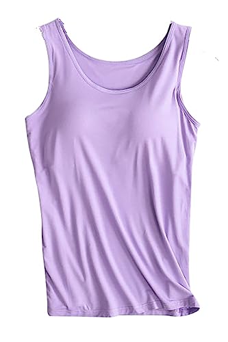 Zylioo Womens Modal Padded Built-in-Bra Tanks Tops Crew Neck Wireless Bra Camisole Casual Slim-Fit Shirts Tee Plus Size Purple