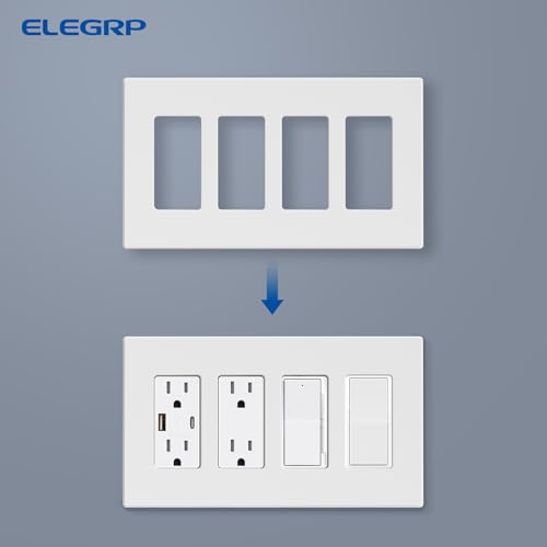Image of ELEGRP 4-Gang Screwless Decorative Wall Plates, Mid-Size Unbreakable Thermoplastic Faceplate Cover for Decorator Receptacle Outlet Switch, UL Listed (5 Pack, Matte White)