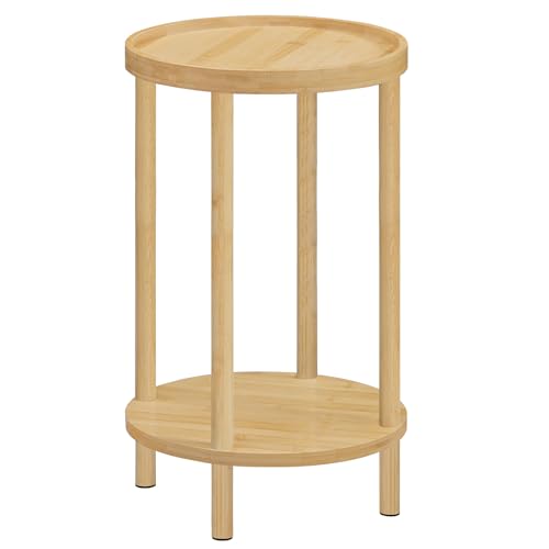 HOOBRO Mesa Auxiliar Redonda de Bambú, Mesa Lateral de 2 Niveles, Mesita de Noche con Borde Elevado, para Espacios Pequeños, Salón, Dormitorio, Pasillo, Entrada, Natural EYL156BZ01