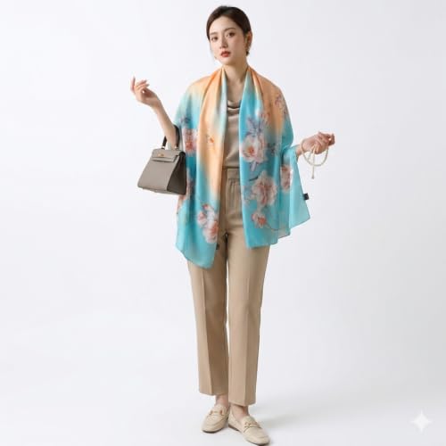 Image of Floral Printed Silk stole | silk Scarf for Women | stylish silk stole for women | Soft Lightweight Stole, Shawl & Neck Wrap | Scarf for Wedding, Party, Travel & Casual Wear