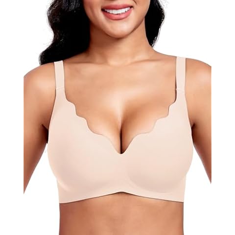Vinfact Plunge V Bras for Women No Underwire Wireless Push up Bra Full Coverage Bralette Seamless T Shirt Everyday Sleep Bra BGXXL Beige Cover