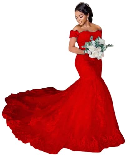 TRHTX Women's Off Shoulder Wedding Dresses for Bride Mermaid Bridal Gowns Lace Wedding Gowns
