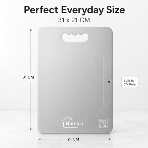 Image of Steel Chopping Board for Kitchen | Heavy-Duty Stainless Steel Kitchen Cutting Board | for Vegetables, Fruits, Meat & Fish | Anti-Skid, Food Safe & Rust Resistant Size 31 * 21 CM