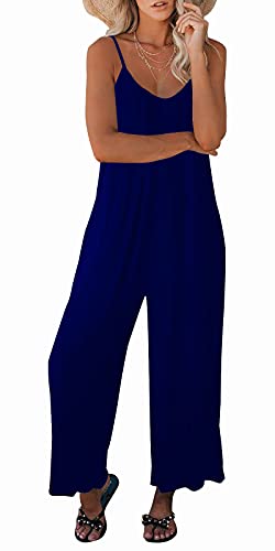 Snugwind Womens Jumpsuits Casual Sleeveless Spaghetti Strap Rompers Wide Leg Pants With Pocketss Small Dark Blue #TOP2