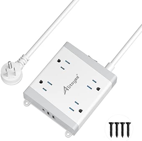 Alitayee Mountable Surge Protector Power Strip, Wall Mount Power Strip with 4 Outlets and 3 USB, Flat Plug, Shutter Safety and Circuit Breaker Switch, 6 Ft Extension Cord for College Home Office Dorm