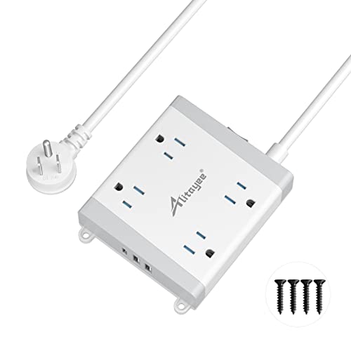 Alitayee Mountable Surge Protector Power Strip, Wall Mount Power Strip With 4 Outlets And 3 Usb, Flat Plug, Shutter Safety And Circuit Breaker Switch, 6 Ft Extension Cord For College Home Office Dorm #TOP23