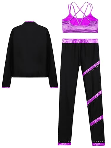 3 Pcs Kids Girls Sports Dance Suit Zipper Long Sleeve Jacket Metallic Sport Bra with Pants Tracksuit4