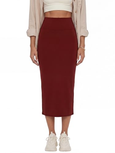 Image of Rooscier Women's High Waisted Pencil Midi Skirt | Stretchy Bodycon Knee Length Skirts with Back Slit