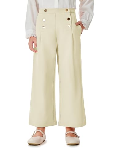 Image of Haloumoning Girls Wide Leg Pants Kids Fashion Elastic Waist Front Button Trousers with Pockets 5-14 Years