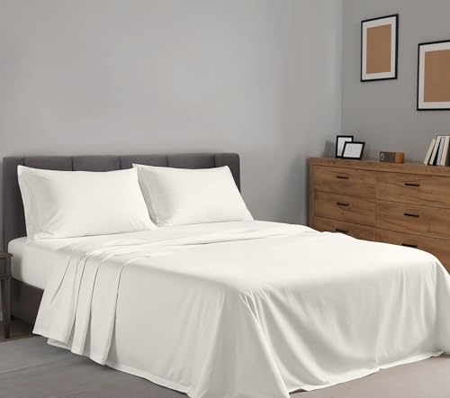 RUVANTI 100% Cotton Sheets Queen Size Set, 4 Pieces, Soft & Breathable Percale Weave Bedding, Deep Pocket 16", Hotel Standard, Crisp Cool Feeling, Durable, Perfect Dyed Bed Sheet, Ivory