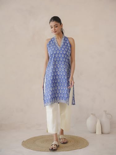 Image of GOODHAND Chic Cotton Halter Kurti with Timeless Block printsPerfect for Casual outings or Festive Flair-Where Traditional Charm Meets Modern Silhouette