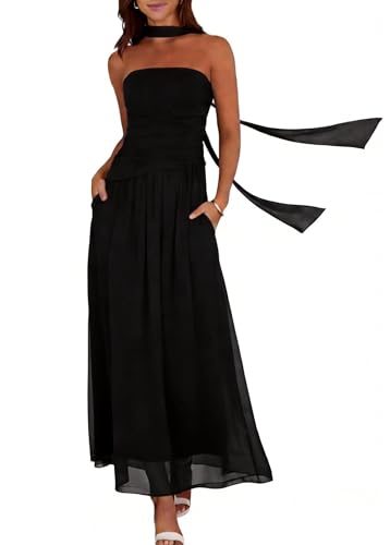 Summer Maxi Dresses for Women 2026 Strapless Ruched Tube Dress with Scarf Beach Vacation Spring Wedding Guest Dress Pockets (US Alpha Small Regular Regular Black)