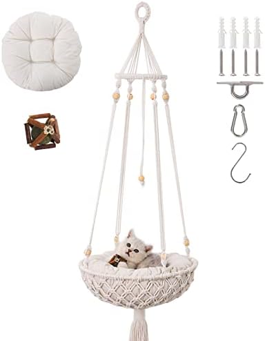 XREE Macrame Cat Hammock, Handwoven Hanging Cat Bed, Boho Cat Swing with Hanging Kit for Kitten Sleeping Climbing Playing Home Decor Indoor Cat Window Perch Wall Hanging Cat Hammock Bed