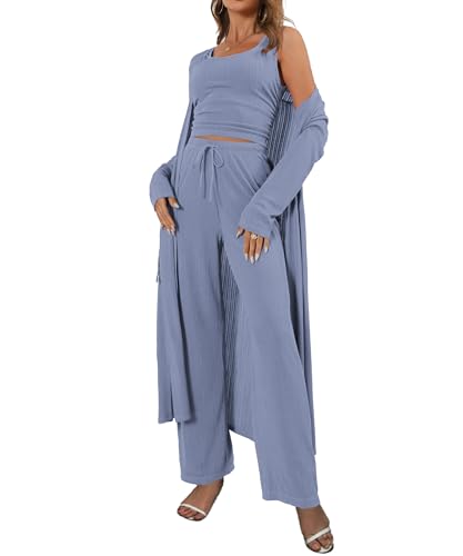 Image of 3 Piece Lounge Sets for Women Airport Travel Outfit | Long Cardigan,Tank Top ,Wide Leg Pants with Pockets,Comfy Loungewear,Casual Chic, Airplane Clothing,Vacation Matching Set
