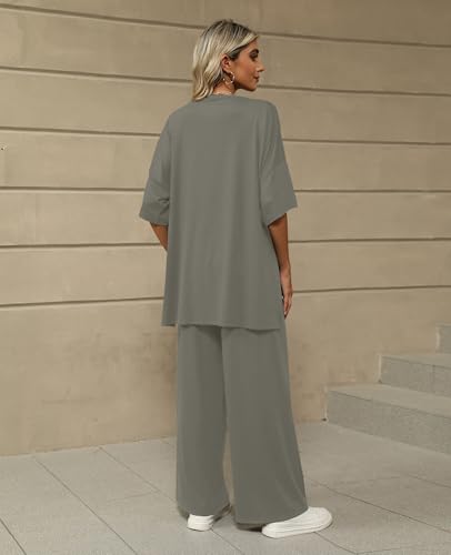 Image of KevaMolly 2 Piece Lounge Set for Women Postpartum Oversized Tops and Wide Leg Pants Soft Comfy Pajamas Set 2 Piece Outfits