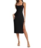 SHAPERIN Slit Midi Dress Women Square Neck Bodycon Dresses Summer Pencil Short Dress Sleeveless Party Club Cocktail Black S